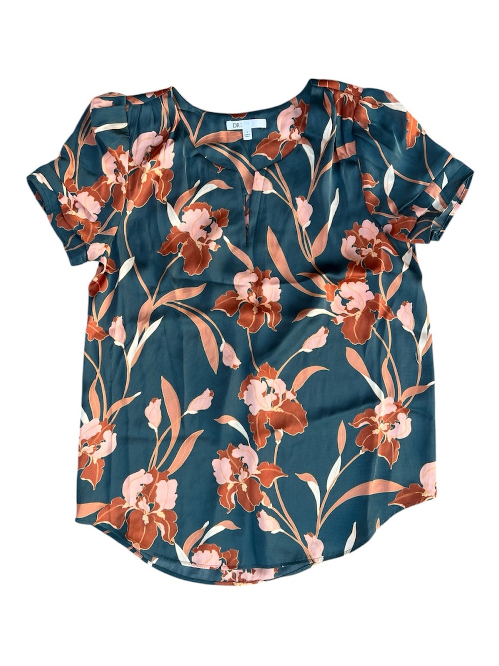 DR2 Teal Floral Short-Sleeve Blouse Size Small